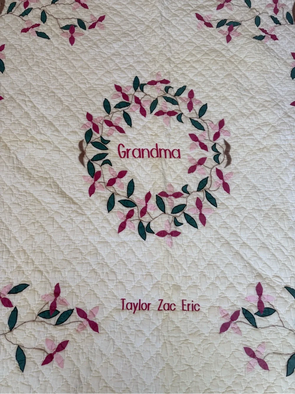 Personalized 'Grandma' White Quilted Throw with Pink & Green Floral Appliqué